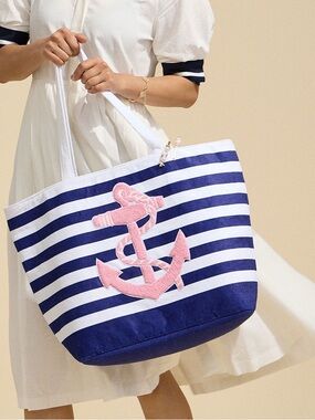Striped Navy & White Canvas Tote with Pink Anchor Accent